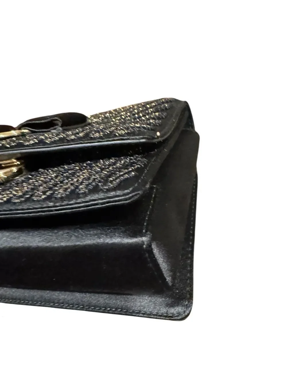 Salvatore Ferragamo Black & Gold Glitter 2way Vara Bow Ginny Crossbody Bag Auth